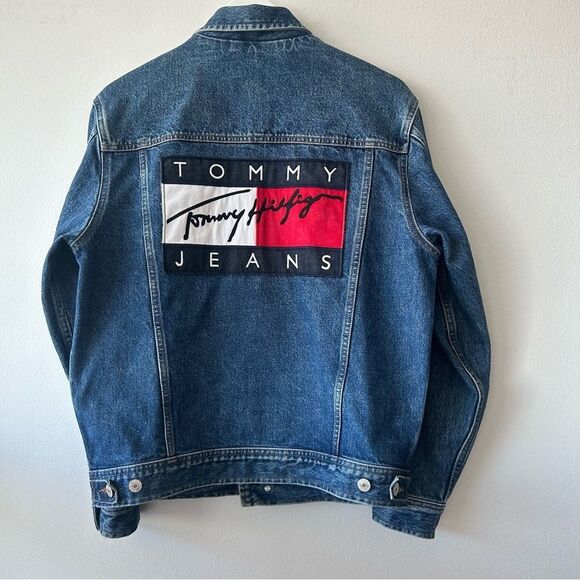 Vintage Tommy Hilfiger Blue Denim Jacket with Red and White Logo - Picture 3 of 16